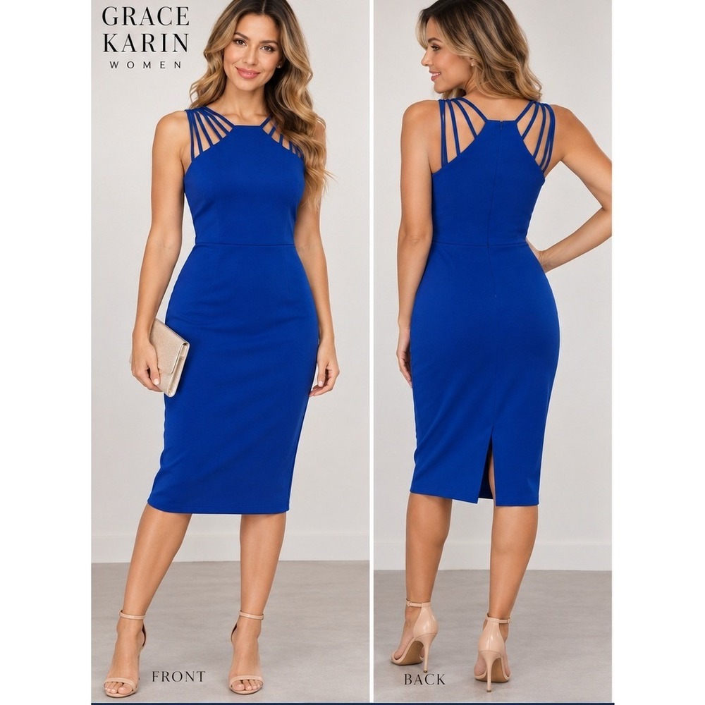Grace Karin Sheath Dress Women XL Royal Blue Cage Neckline Cocktail Bodycon